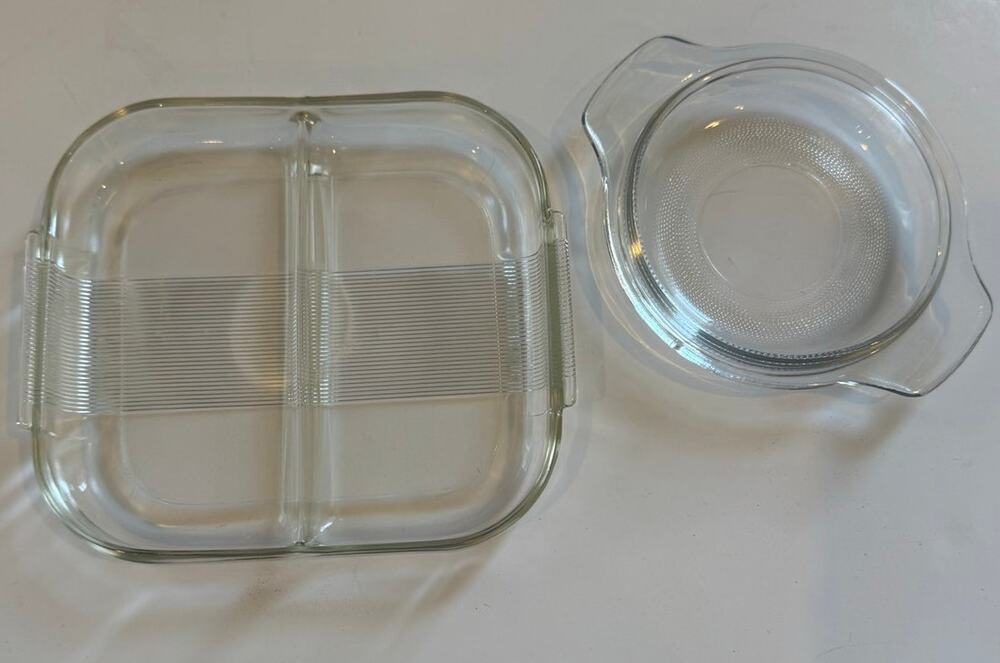 2 Vtg Glass Dishes 2 Compartment Serving Tray/Small Round Dish